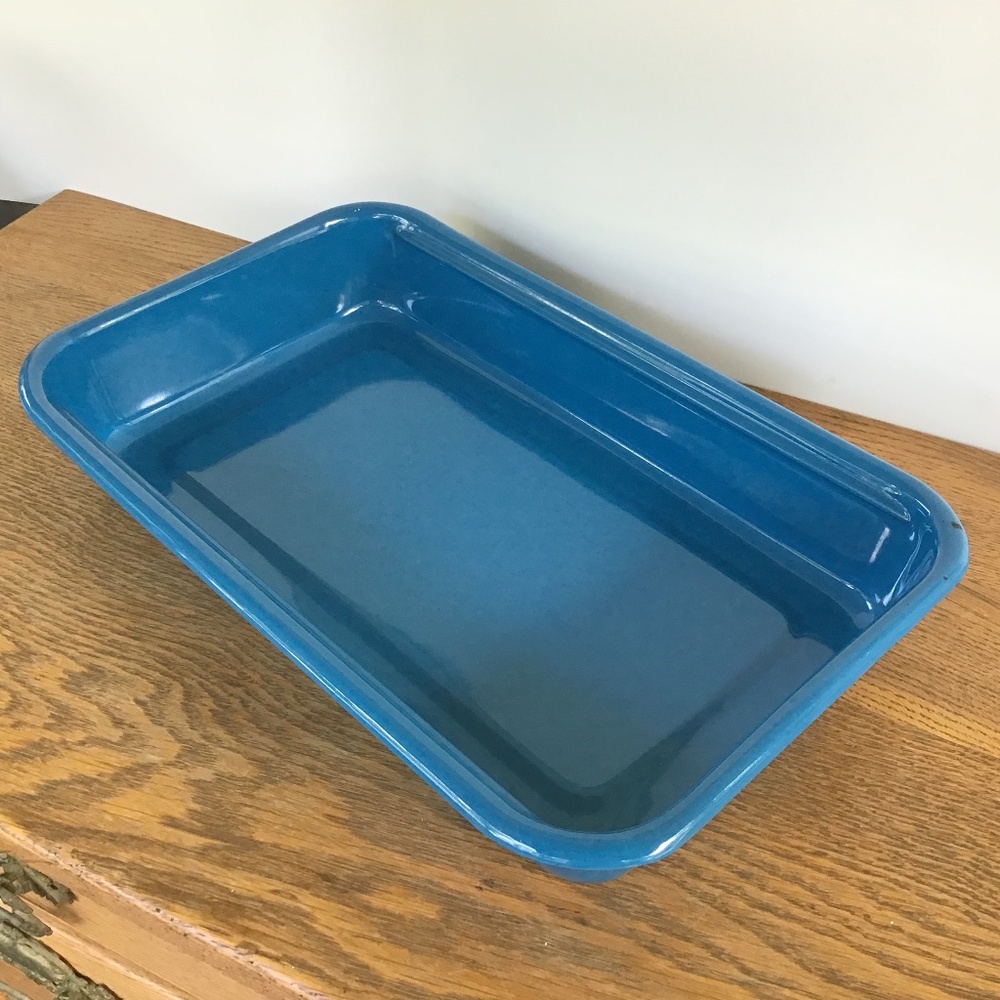 Vintage Blue Enamelware Rectangle Pan Refrigerator Metal Farmhouse